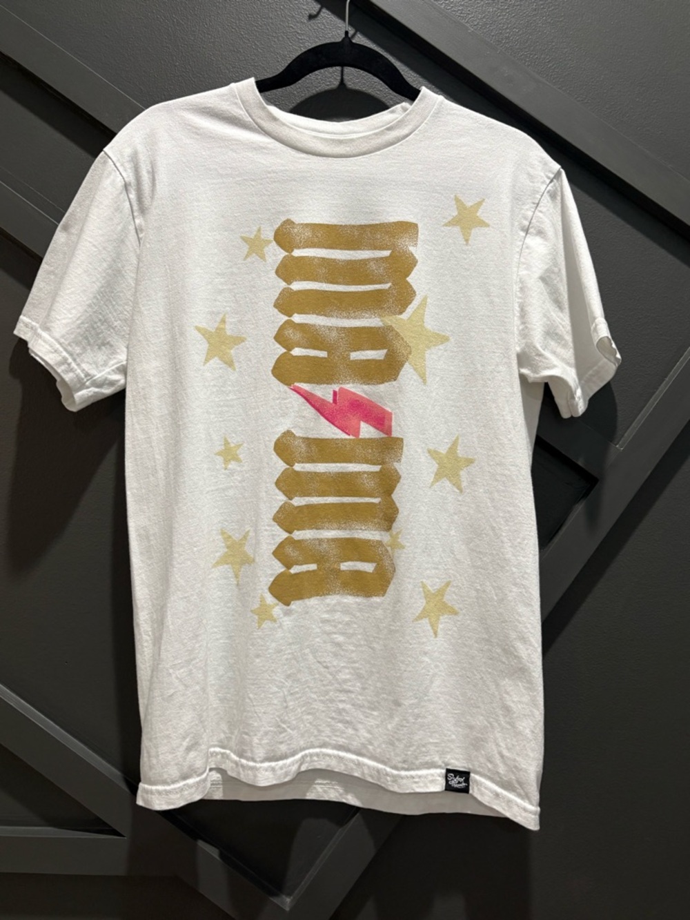 Mama AC/DC Sleeve Tee with Gold Star Script and Pink Lightning